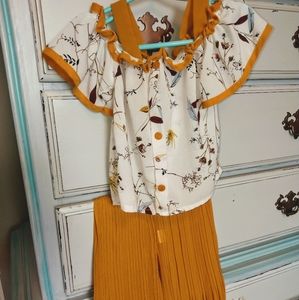White floral top and mustard chiffon pant